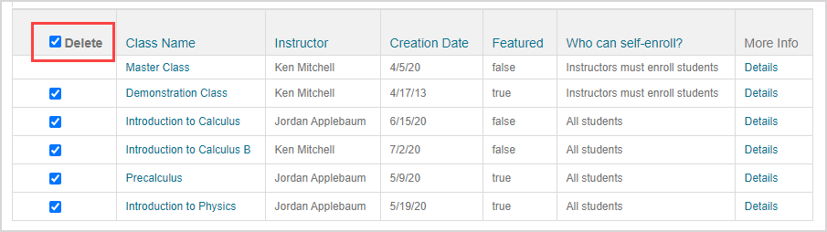 The select all check box of the Delete column in the search results table selects all classes in the search results to be deleted.